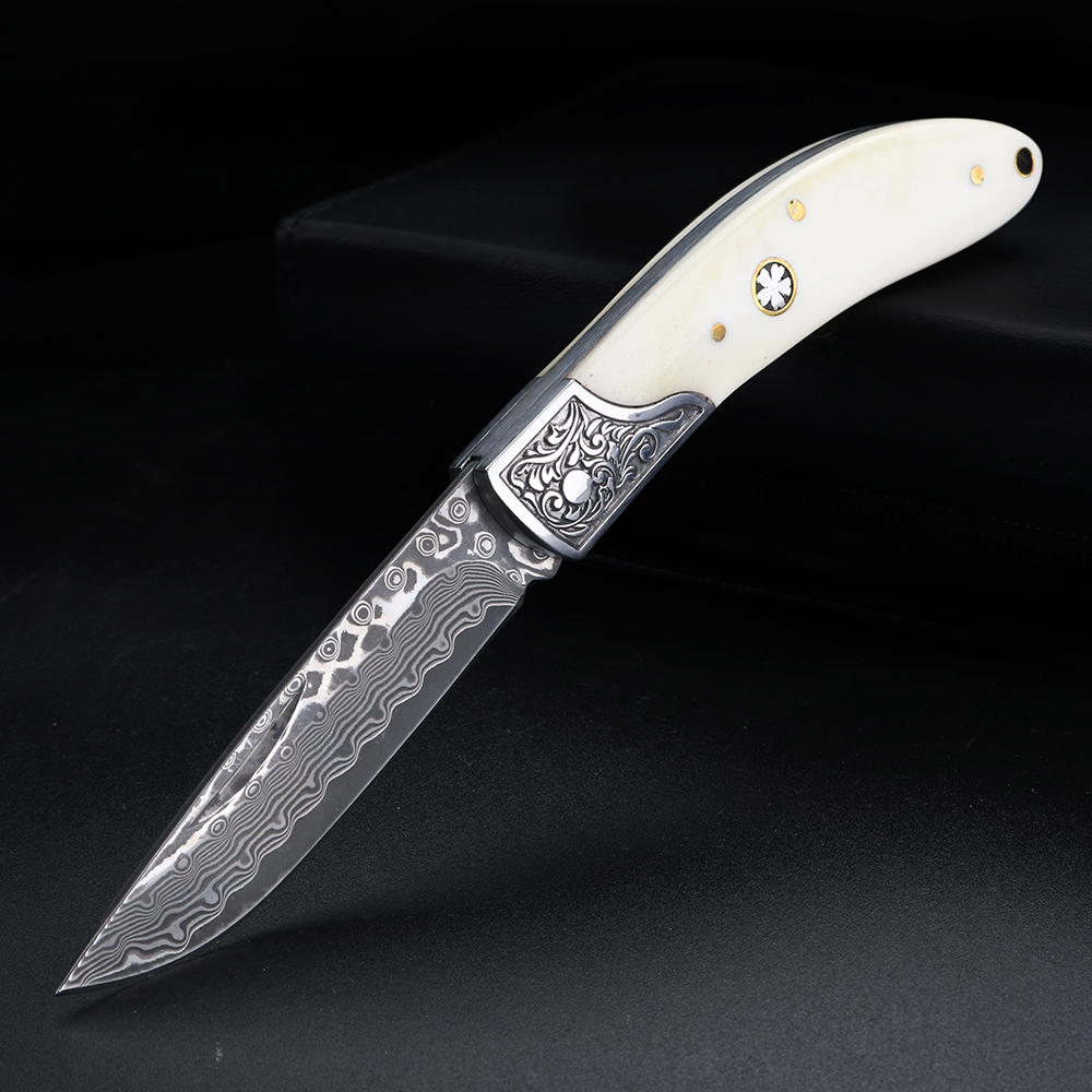 Bone Folder Tool - มีดพับเหล็กดามัสกัสลายกระดูกวัว, มีดพกสำหรับกิจกรรมกลางแจ้งที่มีความแข็งแรงสูง, มีดพกอเนกประสงค์สำหรับการตั้งแคมป์และการเอาตัวรอด