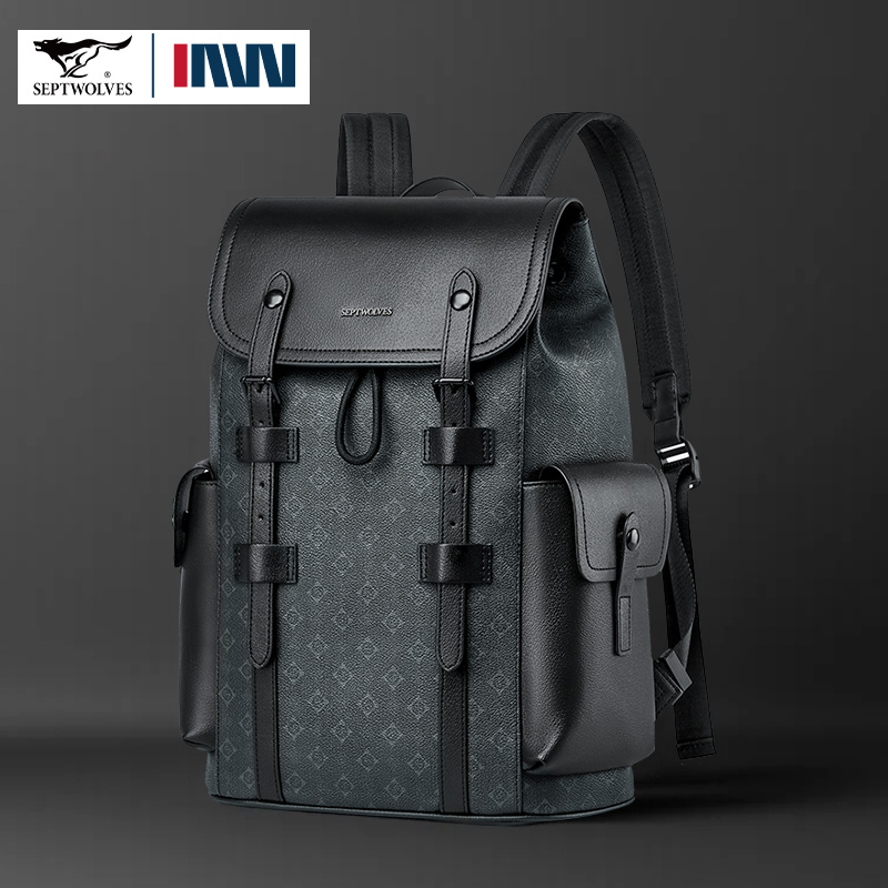 Leather Work Rucksack Mens - Septwolves คุณภาพสูงธุรกิจพิมพ์หนังกระเป๋าเป้สะพายหลัง Man Designer Drawstring Flip